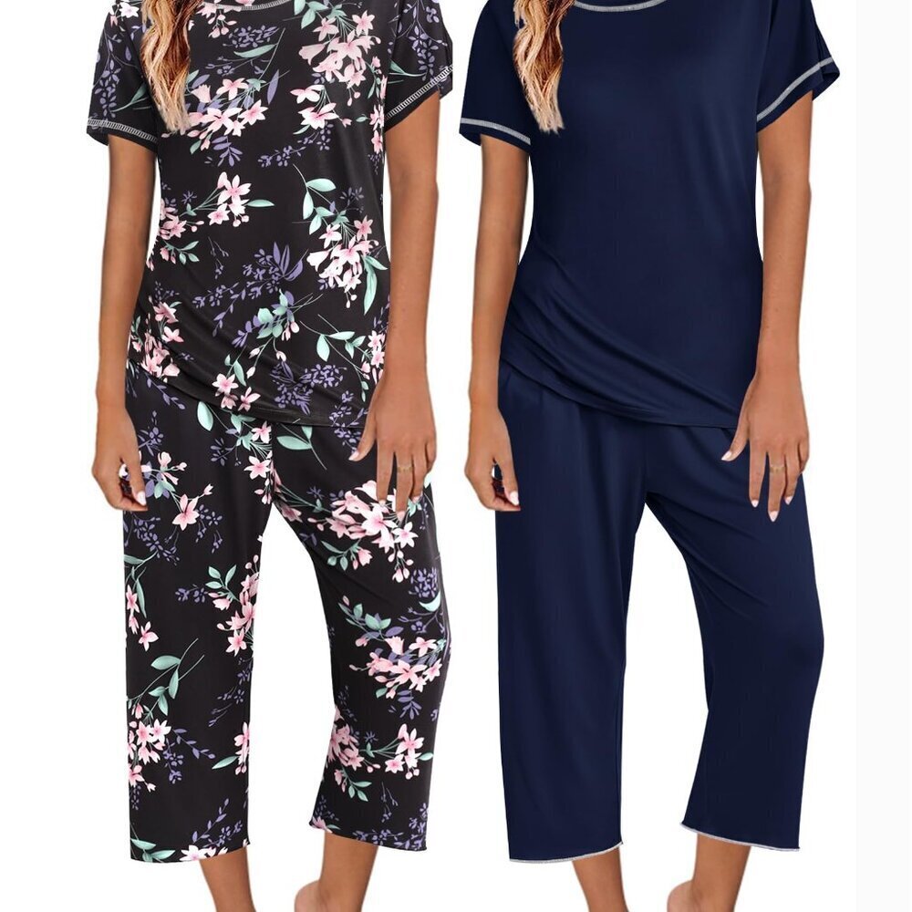 Floral Print Pajama Set Soft Breathable Fabric Lounge Sleepwear Adjustable Waist